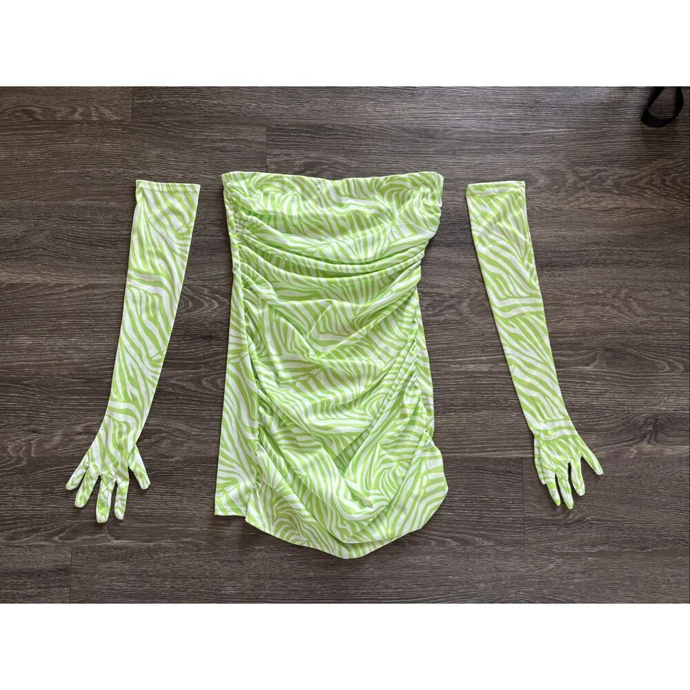 NWOT Miscreants London x Revolve Green Zebra Cupid Mini Dress With Gloves US 10